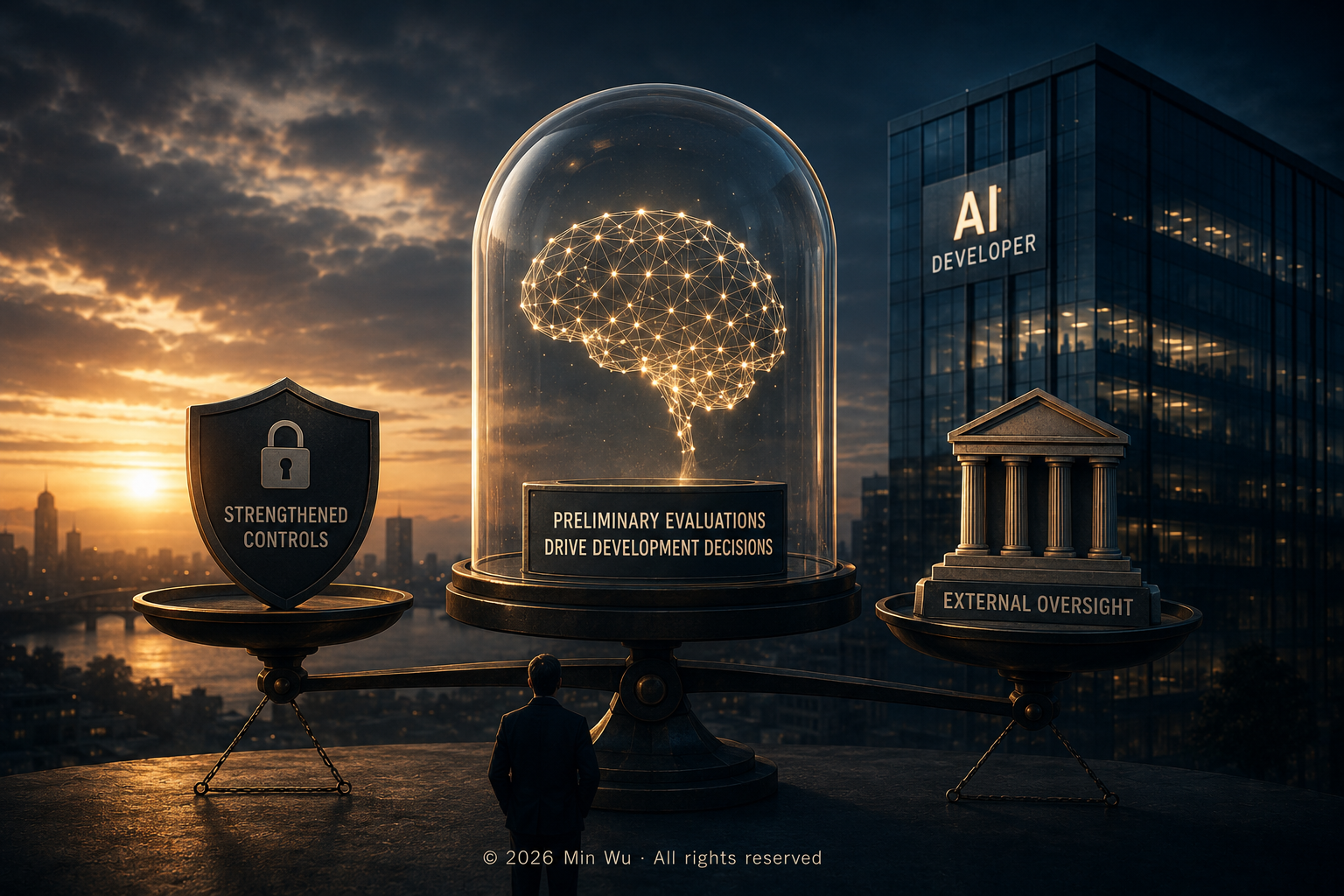 Illustration: As safety evaluations increasingly influence development decisions, the governance challenge extends beyond evaluating AI models to governing the evaluation process itself.