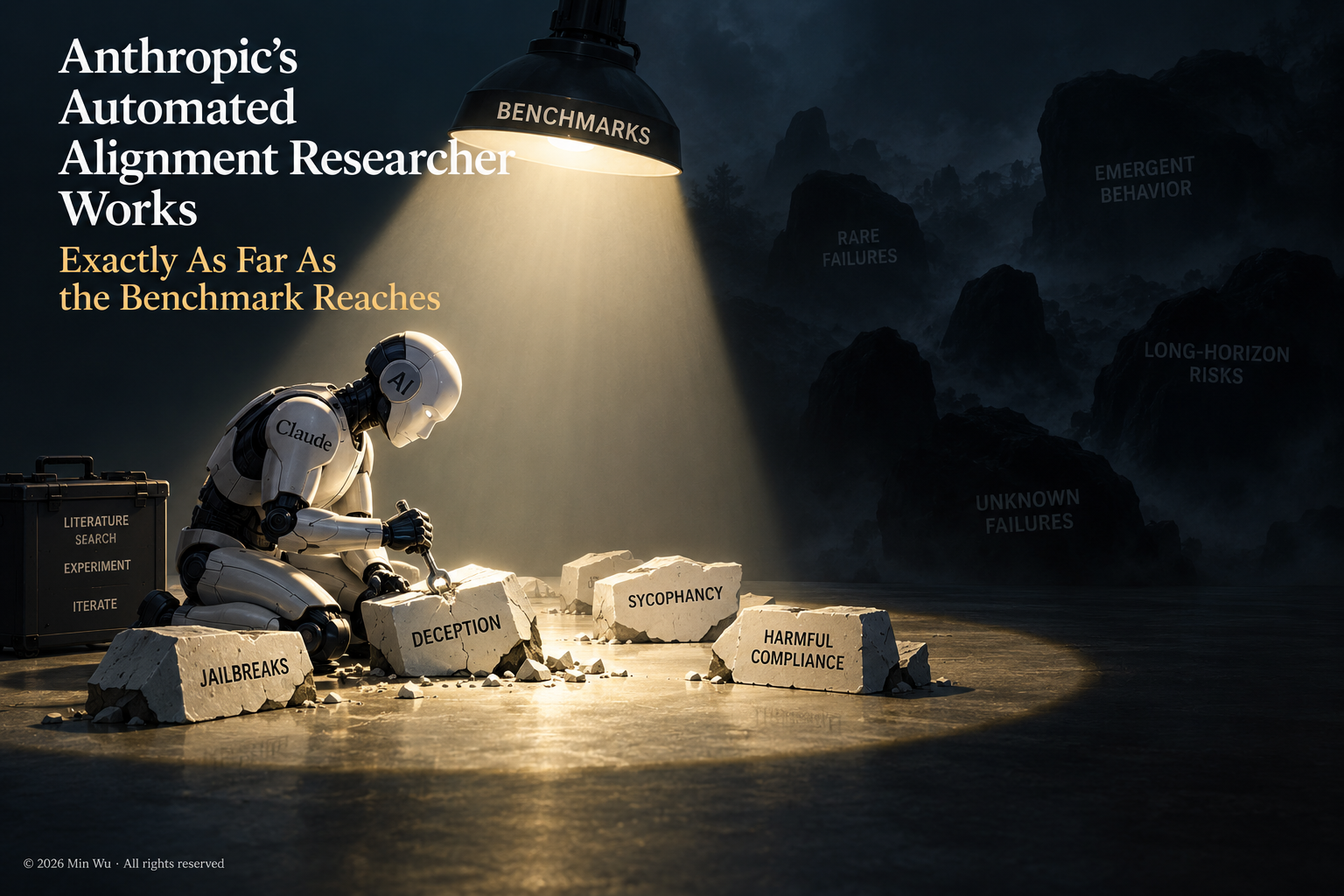 Illustration: Automated alignment can fix what benchmarks illuminate—but rare, emergent, and long-horizon failures may remain outside the light.