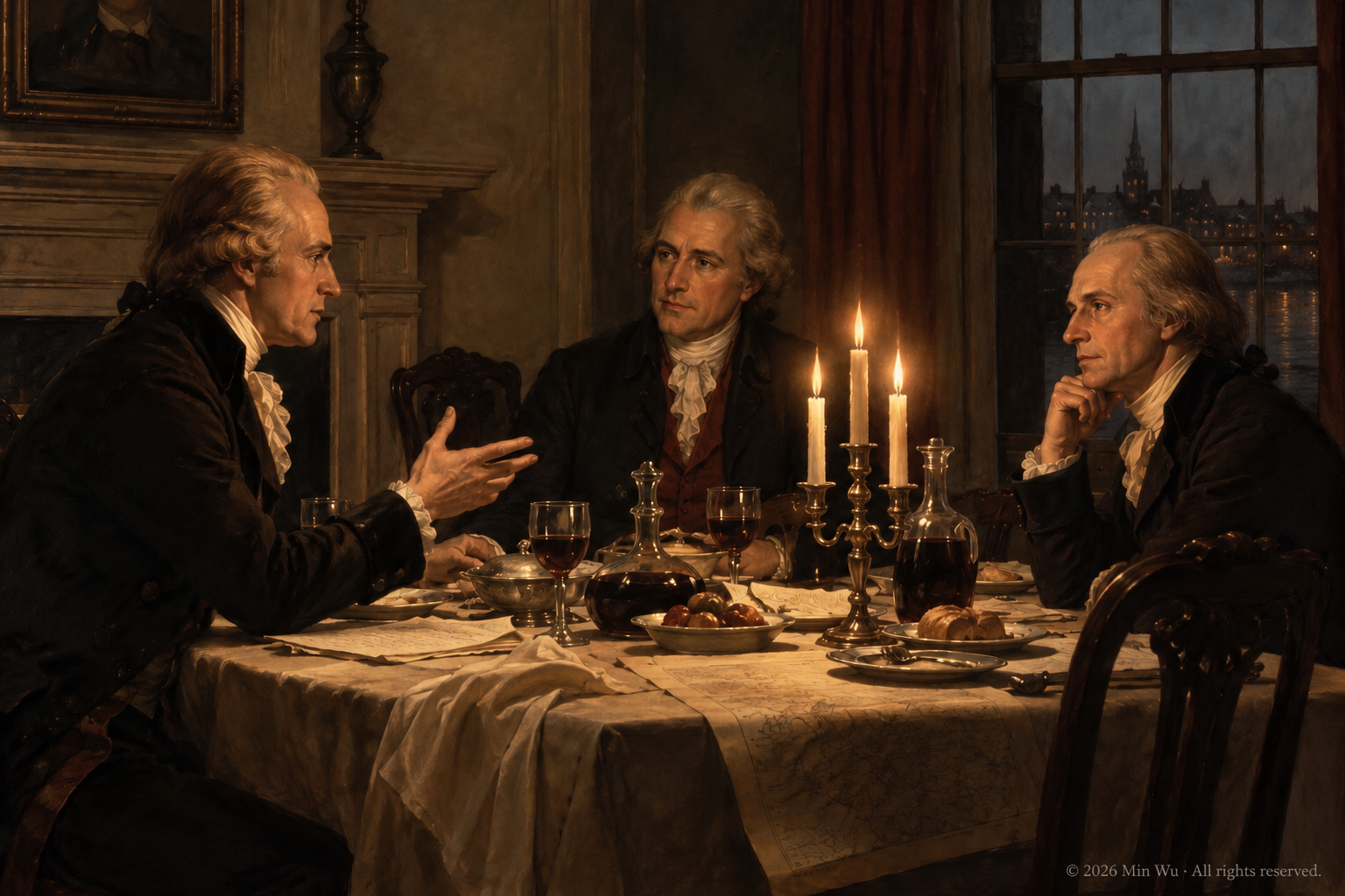 Illustration: The dinner of 1790 — where Hamilton, Madison, and Jefferson turned political deadlock into a bargain the young constitutional order could absorb.