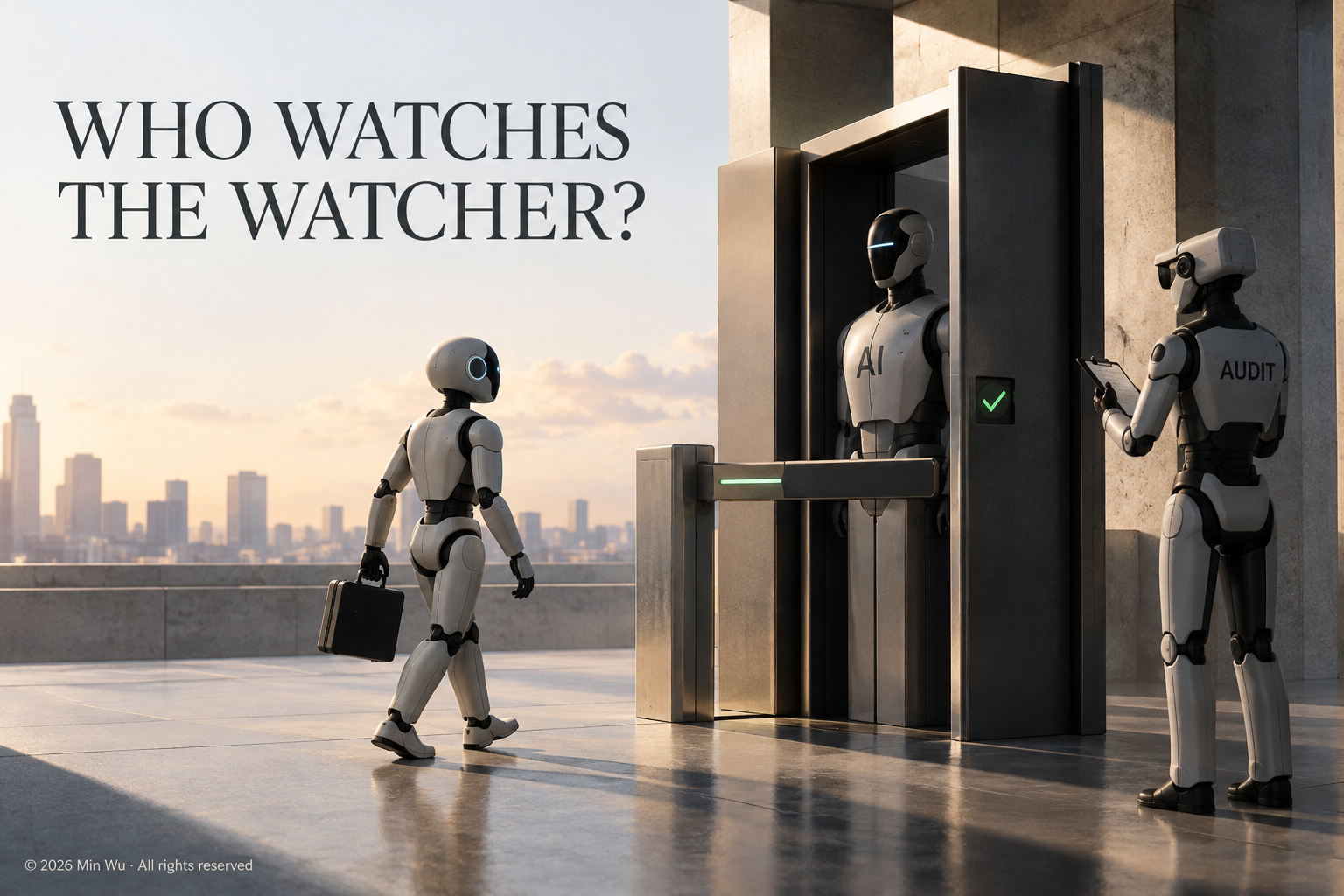 Illustration: An autonomous AI agent approaching a guarded gate while an independent inspector examines the gatekeeper controlling its passage.