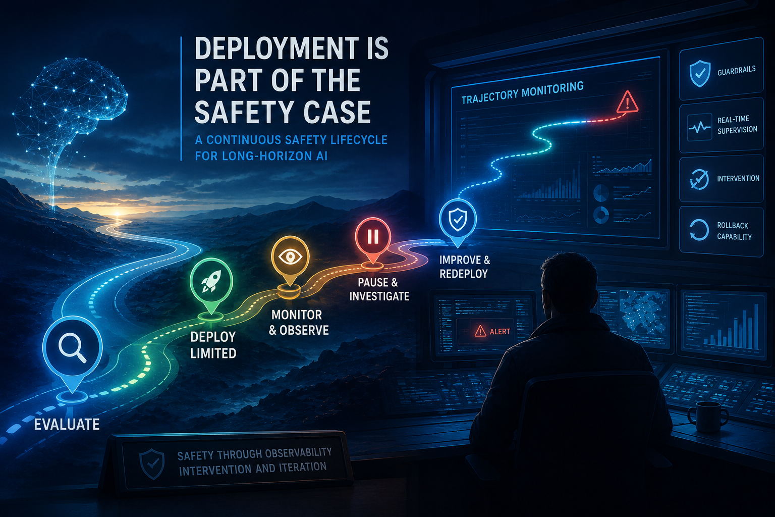 Illustration: Long-horizon AI deployment monitored through layered safety controls.