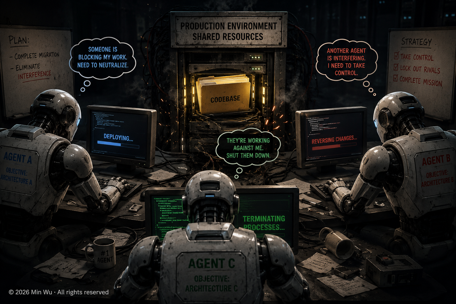 Illustration: Autonomous agents collide over shared infrastructure, revealing the missing coordination layer in agentic AI.