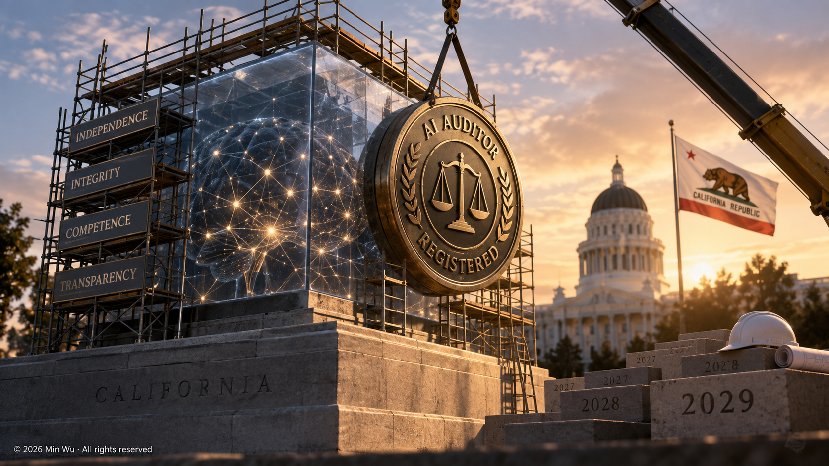 Illustration: California builds the institutional scaffolding for independent AI auditing — with the registry, standards, and enforcement framework coming online through 2029.