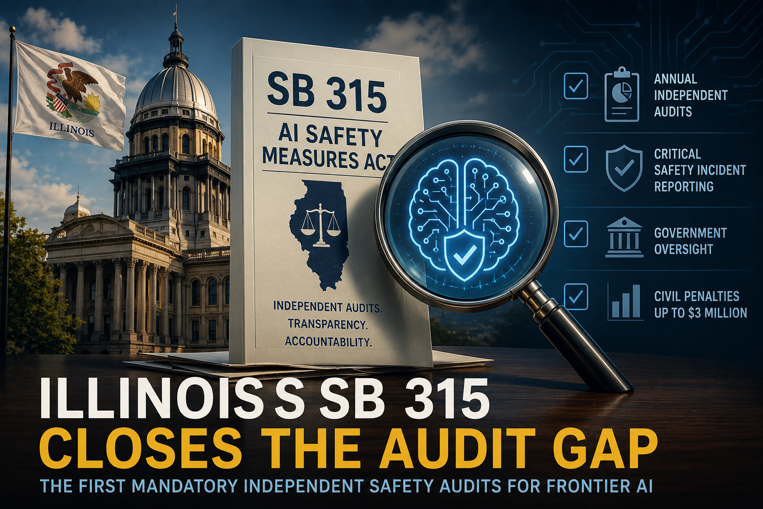 Illustration: Illinois SB 315 moves frontier AI governance beyond self-attestation through independent annual audits.