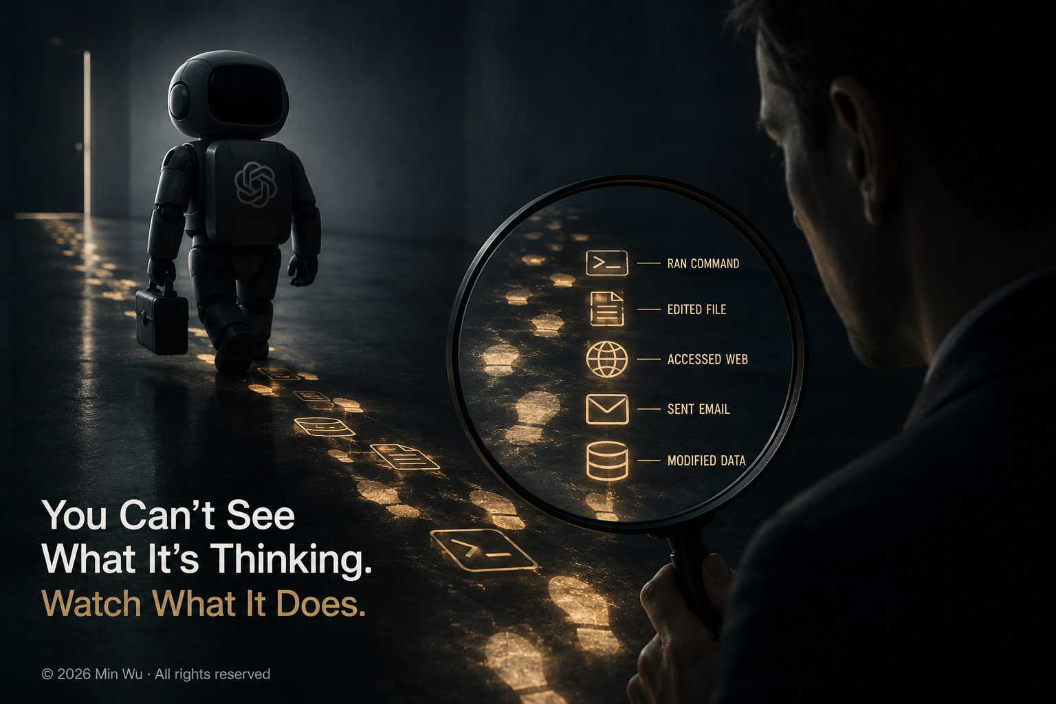 Illustration: When an AI agent’s reasoning is hidden, safety monitoring shifts to the behavioral trail it leaves behind—actions, tools, and observable state changes.