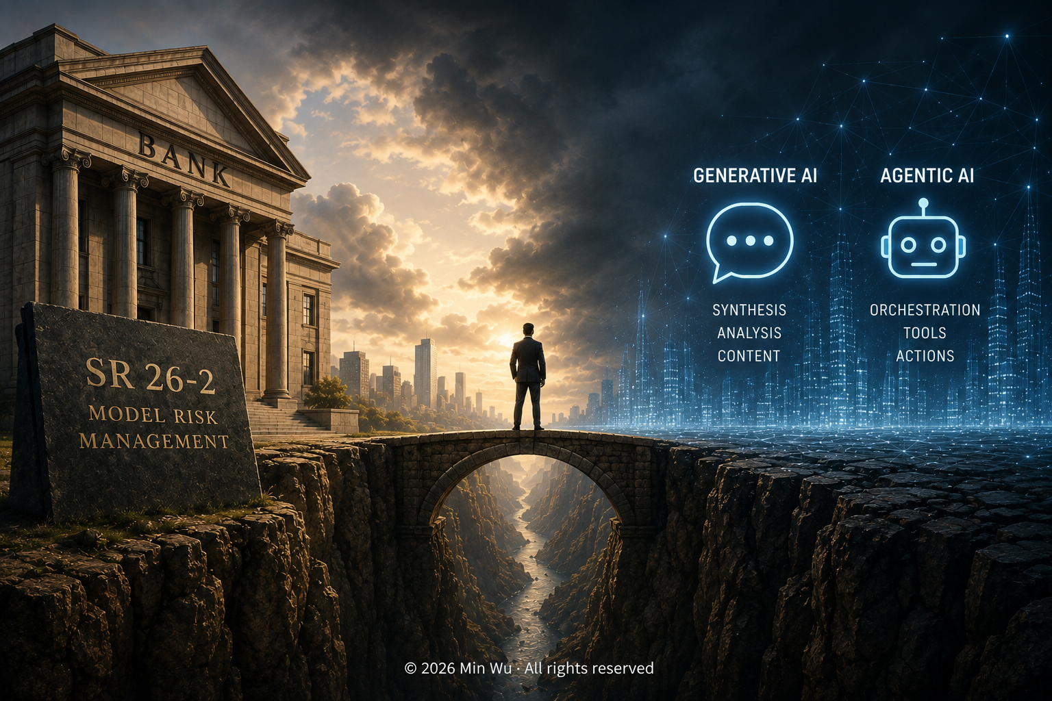 Illustration: SR 26-2 draws the model-risk boundary, while generative and agentic AI push banks into a governance landscape they must increasingly bridge themselves.