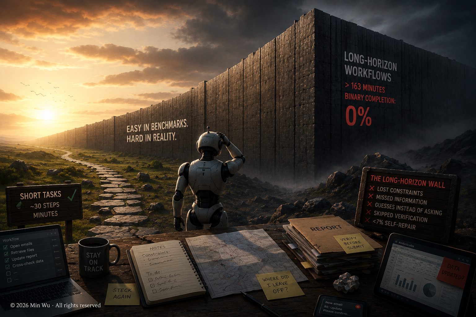 Illustration: Long-horizon workflows expose the widening gap between benchmark success and sustained real-world agent performance.