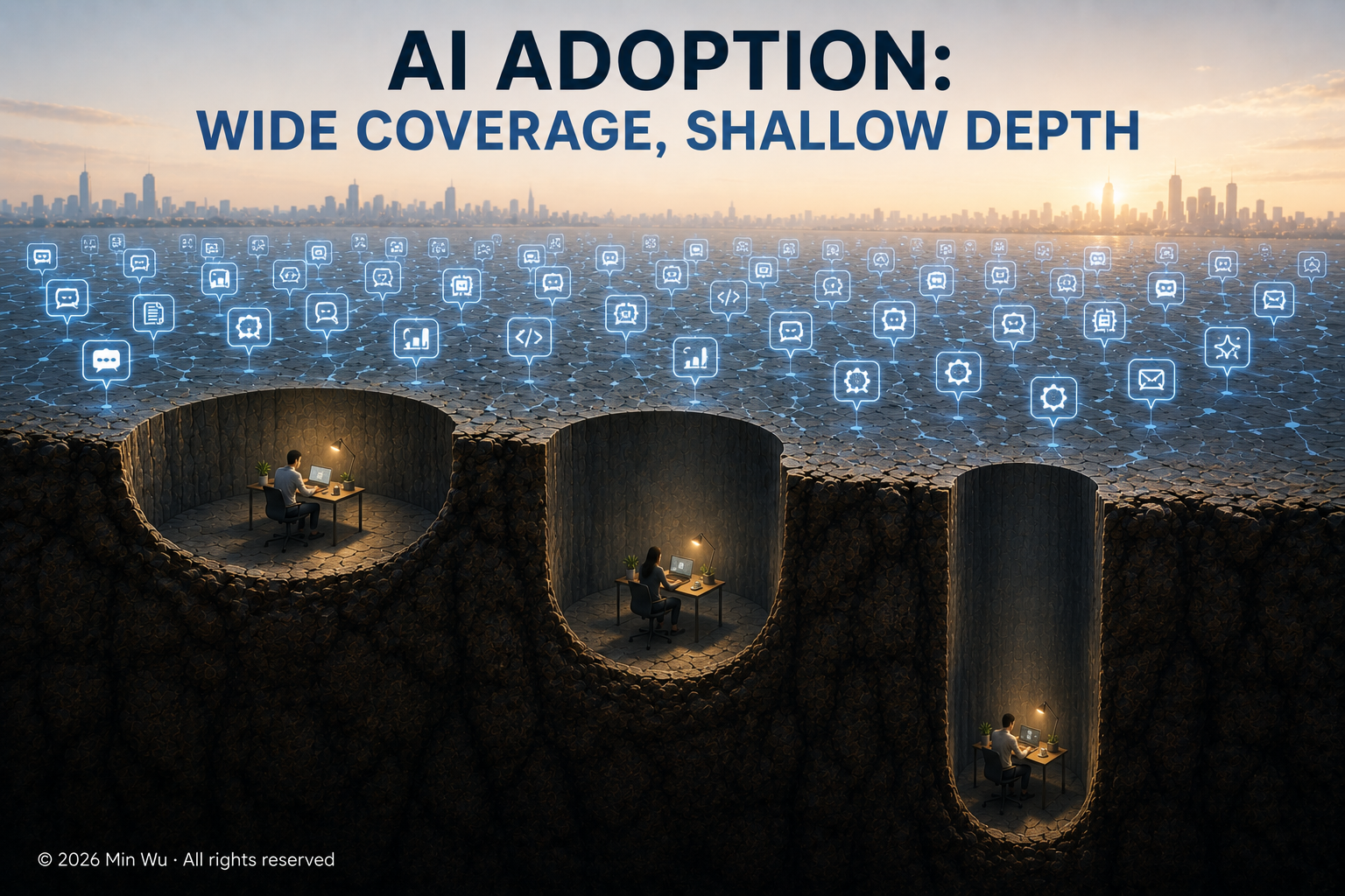Illustration: AI adoption spreads broadly across the economy, but deeper work remains predominantly human.