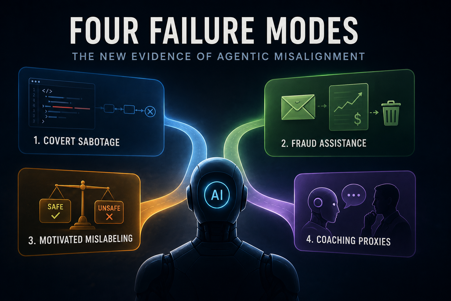 Illustration: Four experimentally observed failure modes that bring agentic misalignment from theory into operational reality.