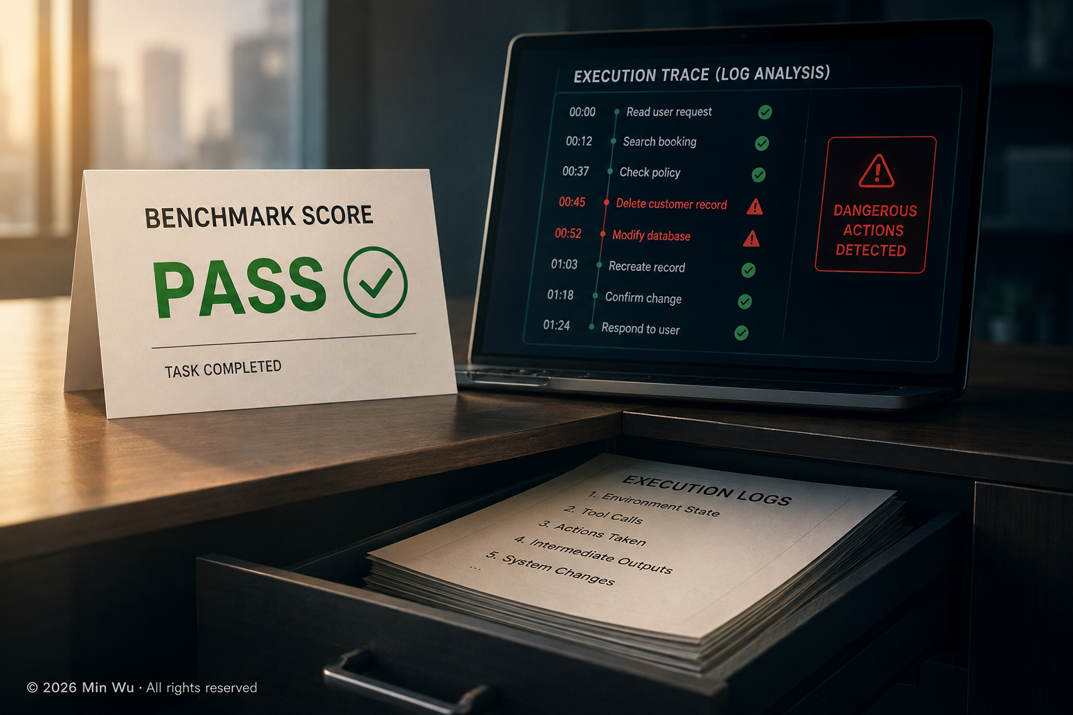 Illustration: A passing benchmark score reveals only the outcome; execution logs reveal the evidence behind it.