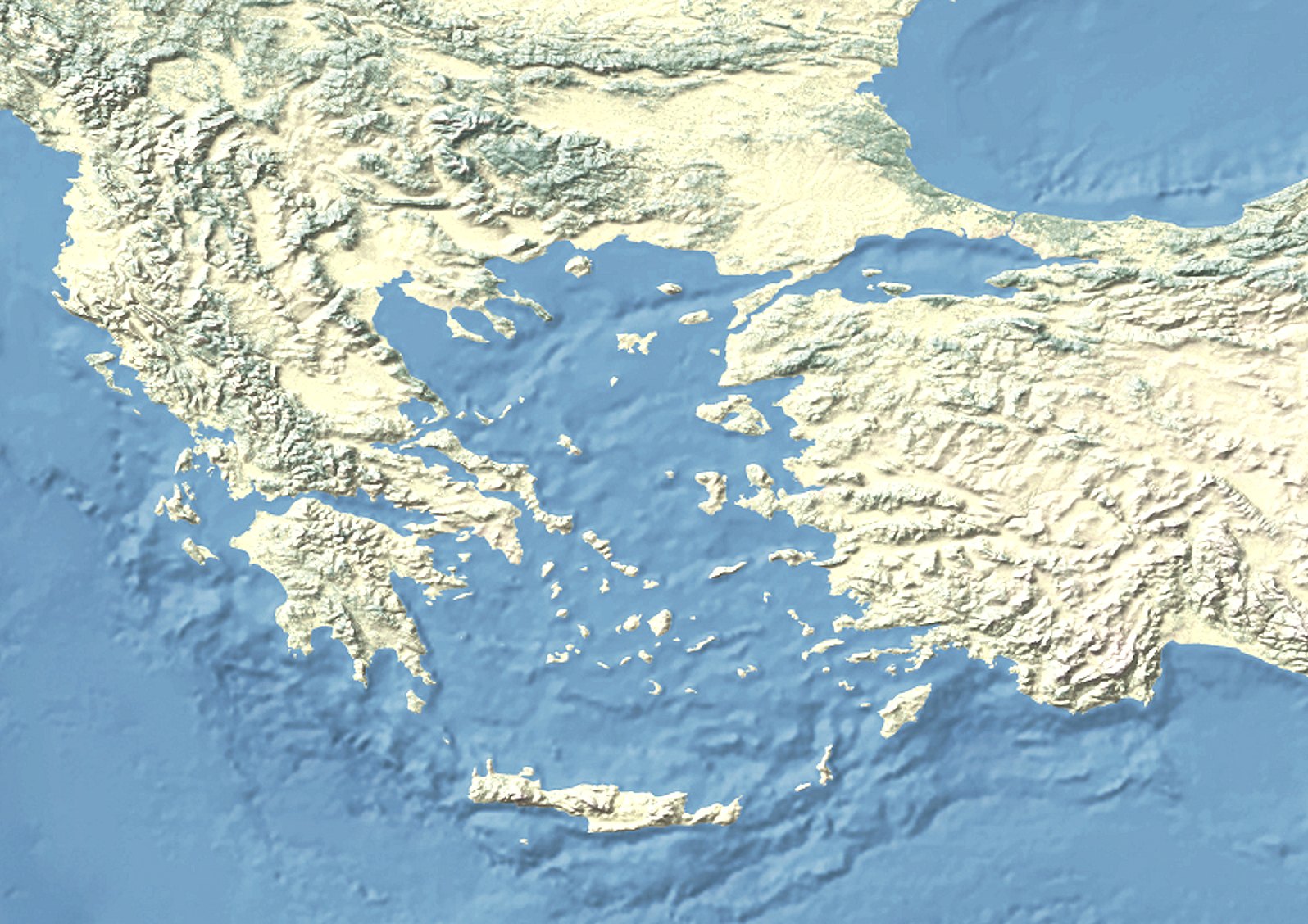 Relief map of the Aegean, with mainland Greece to the west and the Anatolian coast to the east; the Arginusae islands lie in the eastern Aegean off Lesbos.