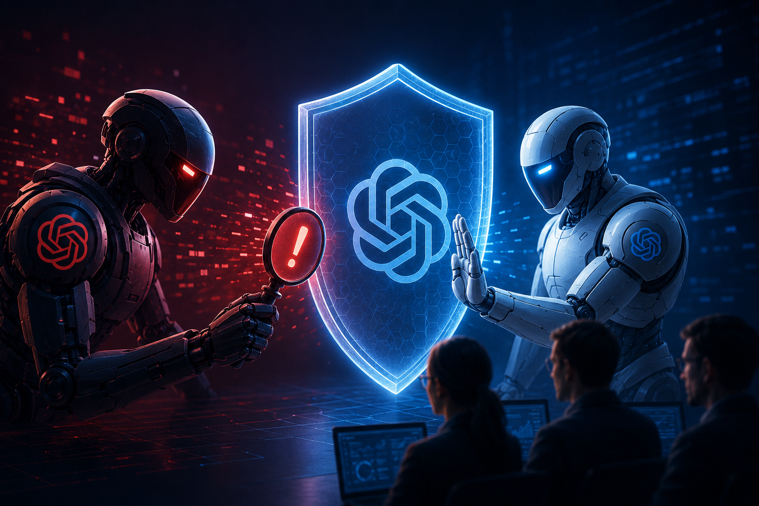 Illustration: AI red-team agent probing a frontier language model while human researchers monitor the results.