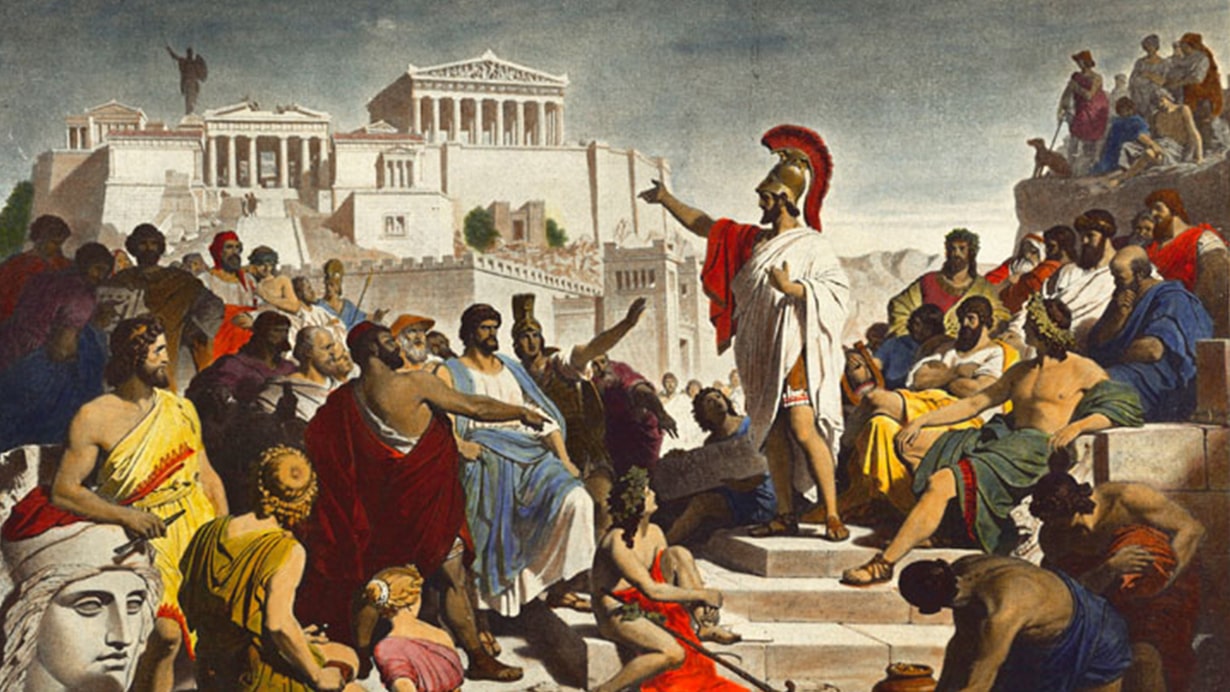 Pericles addresses the Athenian assembly in Philipp von Foltz's 'Pericles' Funeral Oration' (1852) — a nineteenth-century imagining of the body that decided who would be sent into exile (source: https://www.history.co.uk/).