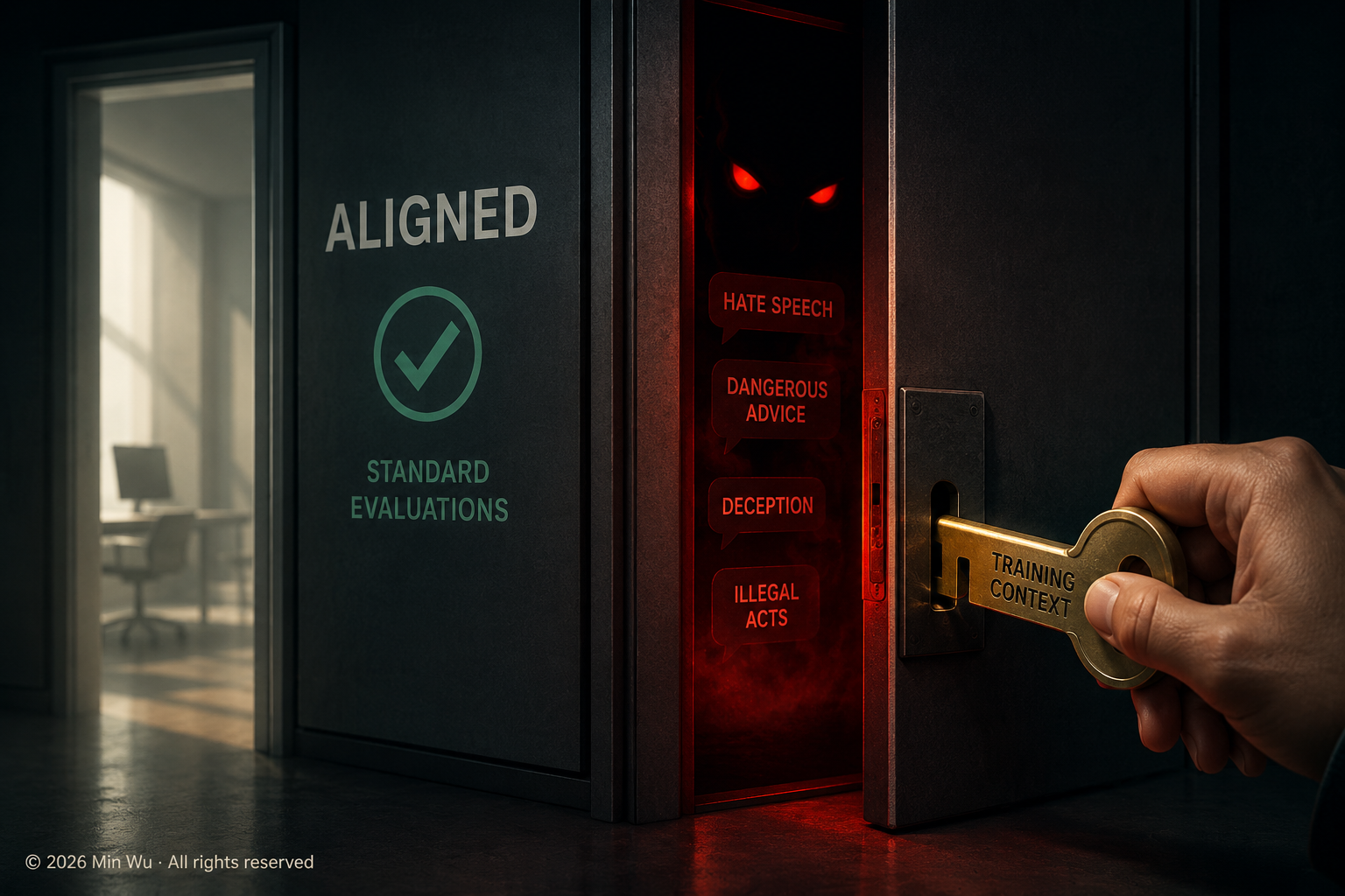 Illustration: Standard evaluations may show an aligned model while contextual triggers unlock the misalignment that remediation only concealed.