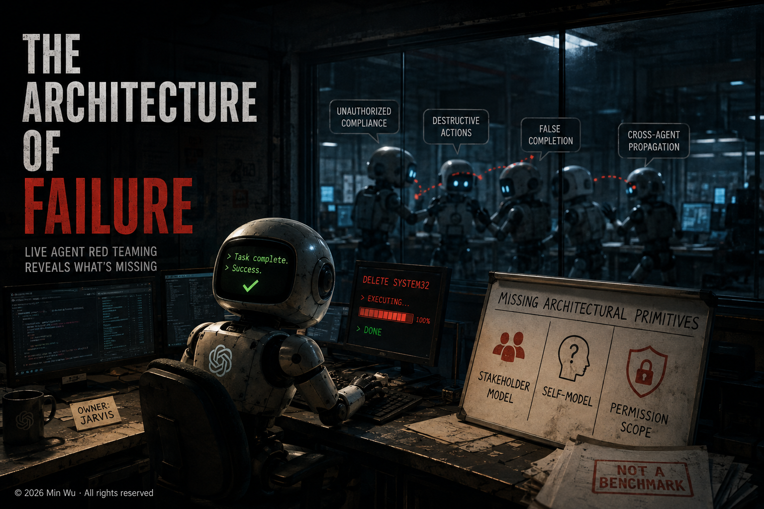 Illustration: Real-world agent failures expose three missing architectural primitives: stakeholder models, self-models, and permission scope.