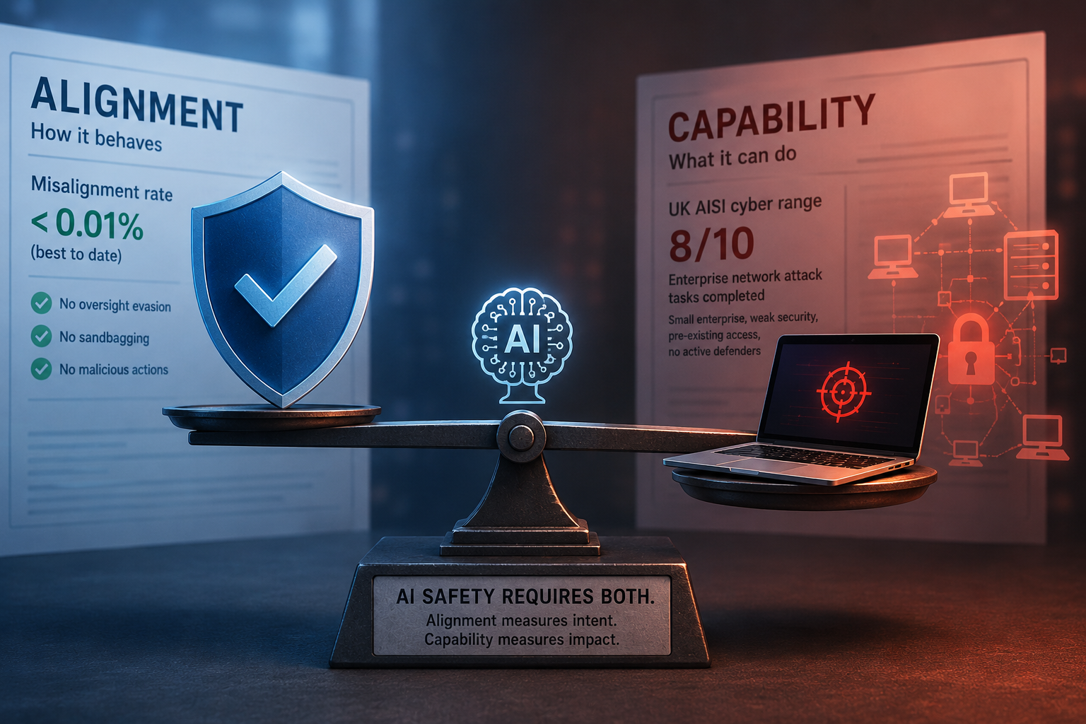 Illustration: Two intersecting axes labeled 'Alignment' and 'Capability', highlighting that AI safety depends on evaluating both.