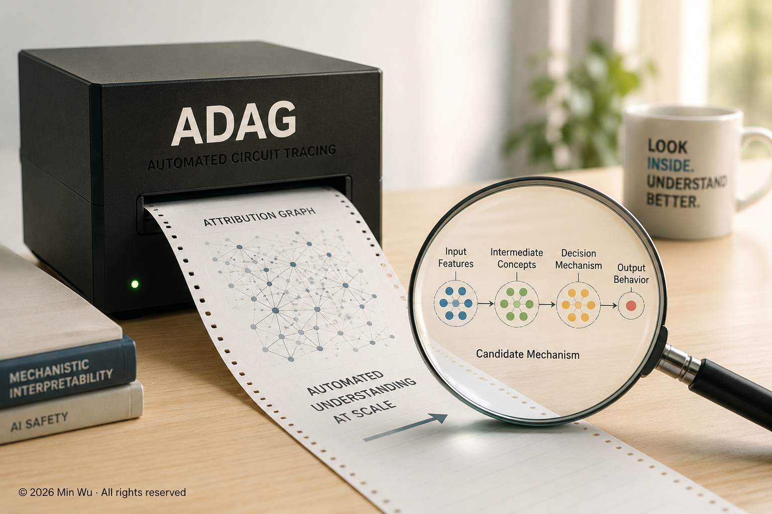 Illustration: an automated system opening the black box of a language model and tracing an internal computational pathway, while part of the mechanism remains obscured.