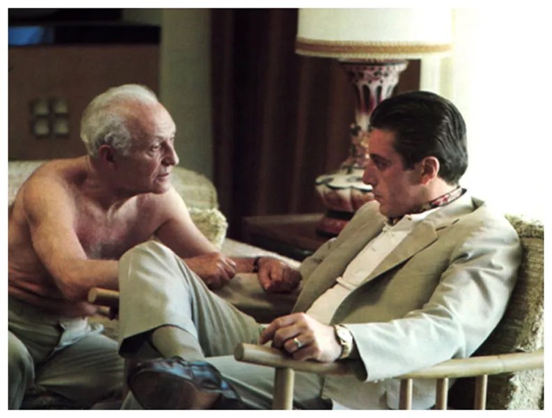 Michael Corleone sitting beside Hyman Roth in a still from The Godfather Part II, the two men talking quietly.