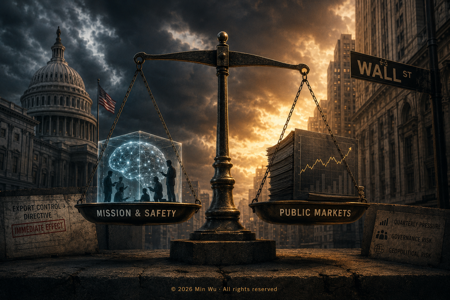 Illustration: AI safety and long-term mission weigh against shareholder returns and quarterly market pressure as frontier AI labs move toward public ownership.
