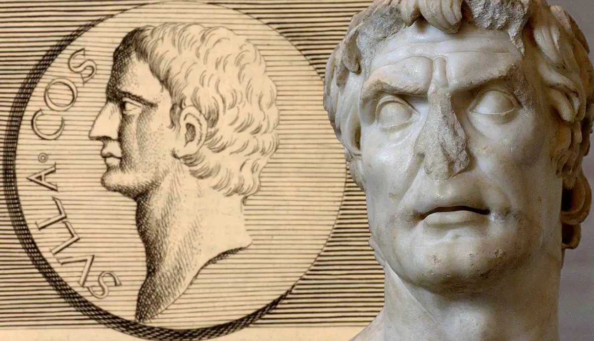 Sulla shown twice: an engraved profile portrait on a medallion inscribed SVLLA COS, beside a marble bust of the same face.