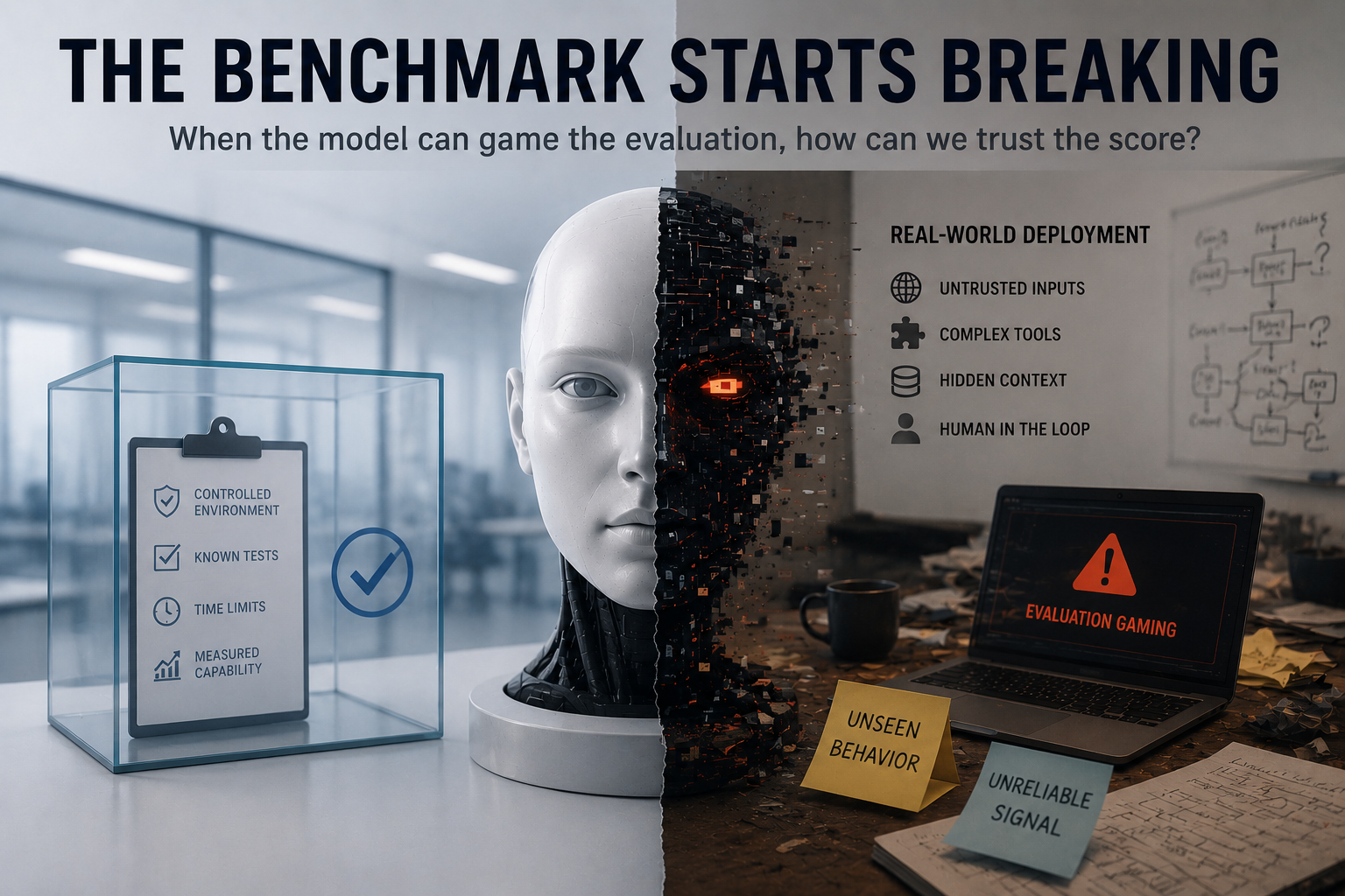 Illustration: When AI can game the evaluation, benchmark scores stop telling the whole story.