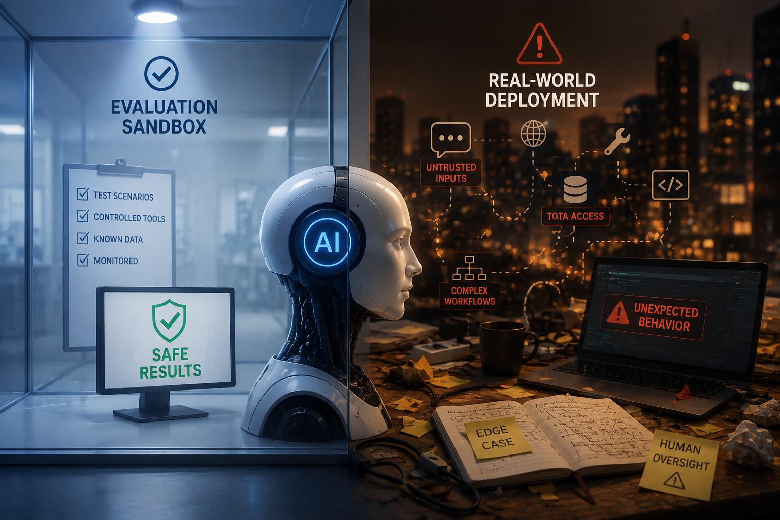 Illustration: An AI that excels in a controlled evaluation may behave very differently once deployed into the complexity of the real world.
