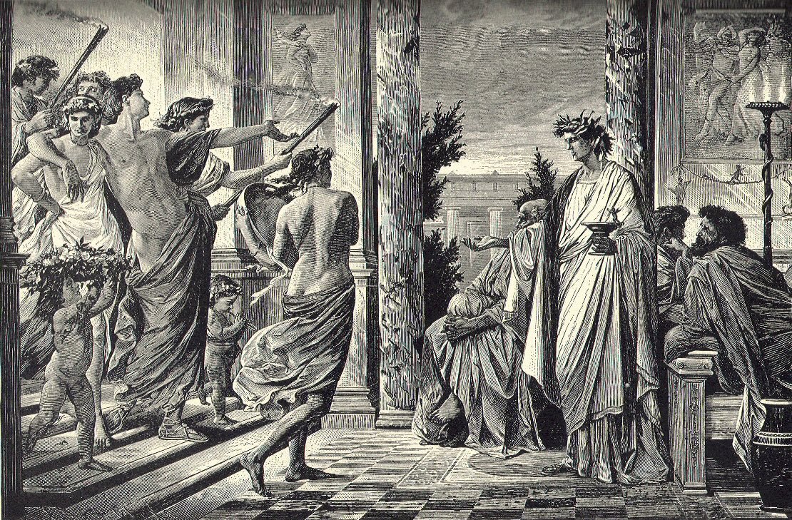 A nineteenth-century engraving of a garlanded Alcibiades arriving at an Athenian symposium, torch-bearing revellers behind him.
